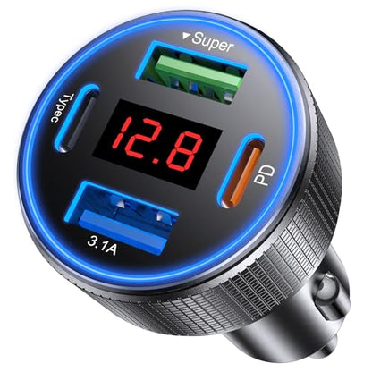 Car Charger USB C Fast Charge, 4 Port 78W Metal Car Phone Charger with Voltmeter, 2 USB-C & 2 USB-A Cigarette Lighter USB Charger Adapter for iPhone 17 16 15 Pro Max, Galaxy S26 S25, iPad - color: Black