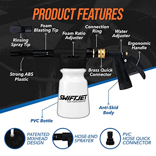 SwiftJet Car Wash Foam Gun + Microfiber Wash Mitt - Works with Any Soap - Garden Hose Car Foam Sprayer - Foam Cannon Car Wash Kit - Car Accessories Foam Blaster (Black Foam Gun with Mitt) - color: Black Foam Gun with Mitt