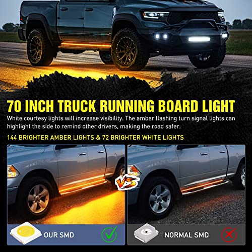 Nilight 트럭 LED 러닝 보드 조명 2피스 177.8cm(70인치) LED 사이드 메이커 조명 216개의 LED 화이트 커티시 라이트 및 순차 앰버 방향 지시등 스트립 확장 및 승무원 택시 트럭 픽업용 - color: 177.8cm(70인치) 러닝 보드 조명 화이트/앰버