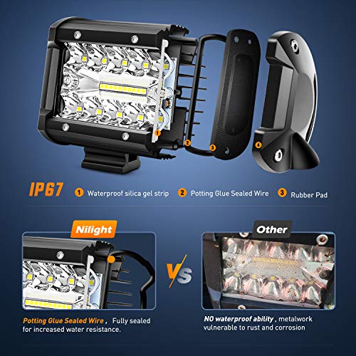 Nilight 2PC 4Inch Triple Row Lights 60W Flood Spot Combo 6000LM Bar Driving Boat Led Off Road Trucks with 2PC Magnetic Base LED Light Bar Mounting Brackets Switch Wiring Harness Kit, 2 Years Warranty - color: Led Pods +Magnetic Base +Wiring Harness