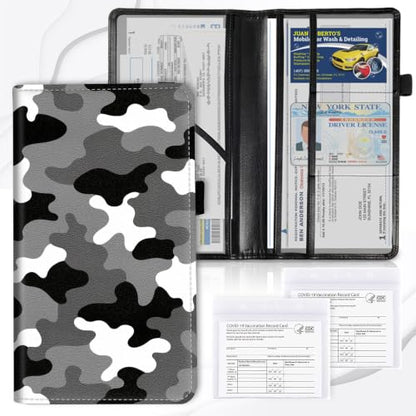 Car Registration & Insurance Card Holder Wallet, Camouflage Pattern Vehicle Document Folio for Glove Box, Auto License & ID Storage Case, Slim Multi-Slot Car Paper Organizer - color: Black White Gray Camouflage
