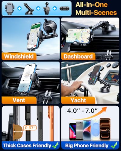 YRU [True Upgrade for Safety] Car Phone Holder Mount [Patent & Military-Grade] Dashboard Cell Phone Holder for Car Vent Windshield Phone Stand for iPhone 17 16 15 14 13 Pro Max Truck Samsung (Grey) - color: Grey
