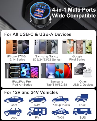 USB C Car Charger, 3 Pack 90W 4-Port Dual 45W Super Fast Car Phone Charger PD/QC 3.0 Fast Charging 12V Cigarette Lighter Adapter Plug for iPhone 17 16e 15 14 Pro Max, Galaxy S26 S25, Android - color: Black