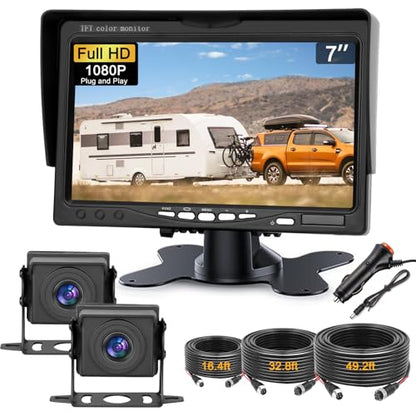 Dual RV Backup Camera with 7 Inch Monitor, AHD 1080P, 2 Channel, DIY Guide Lines 150 Degree Wide View Angel Wired Reverse Rear View Camera for Truck Car Trailer Camper Tractor - size: 7''+ 2 Camera