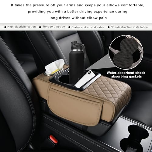 Car Center Console Armrest Pillow, 5-in-1 Armrest Cover with 2 Storage Bags Tissue Box Cup & Phone Holder, Comfy Arm Rest Cushion Leather Vehicle Middle Console Organizer (Beige, Embroidered) - color: Beige, Embroidered