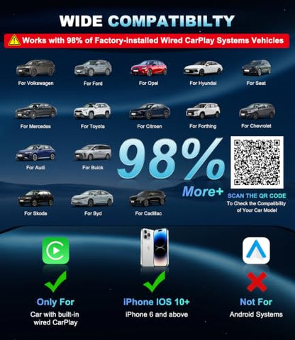 Wireless CarPlay Adapter for Apple iPhone, Converts Factory Wired CarPlay to Wireless, USB-C CarPlay Dongle with Plug & Play Auto-Reconnect, for Cars with Wired CarPlay, iOS 10+