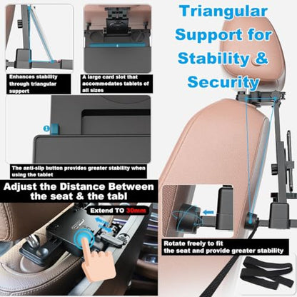 Car Back Seat Tray Table - Stable Foldable Auto Backseat Food Trays Desk for Rear Passenger Road Trip Eating & Work, Multifunctional Adjustable Travel Tray with Phone Drink Holder for Laptop iPad