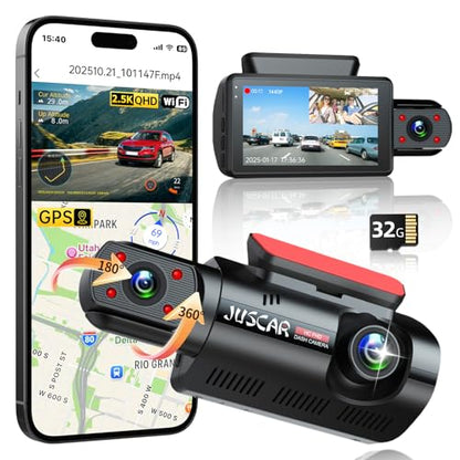 2.5K+1K Dual Dash Cam Front and Inside with GPS WiFi, 32GB Card, 24Hr Park - style: 2 front and inside