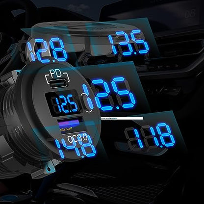 Hapytrip 12V USB C Car Charger Socket, 38W PD 3.0 & QC 3.0 Car USB Port, Waterproof 12 Volt USB Outlet with Power Switch Voltmeter for Car Marine Truck RV - color: Plastic