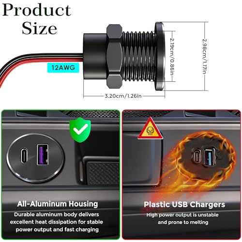 RV USB Outlet 12V/24V, All-Aluminum Type C & USB A Charger, PD3.0 QC3.0 Fast Charging Recessed USB Port Wall Mount for Camper, Trailer, Van, Car, Boat, Golf Cart (2 Pack)