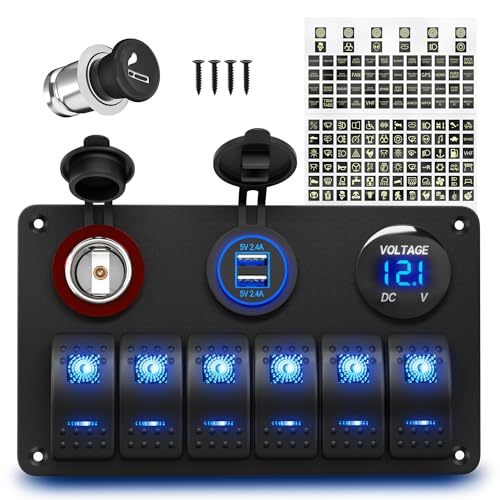 RVBOATPAT 6 Gang Marine Switch Panel Boat Switch Panel Waterproof 12V Rocker Switch Panel Blue LED Lighted with USB Cigarette Lighter Socket Voltmeter - style: 6 Gang Switch Panel