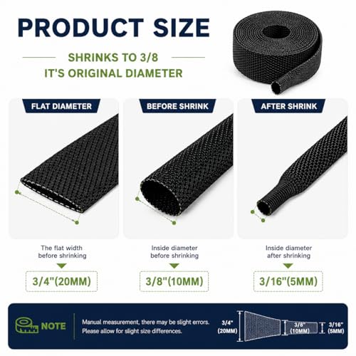 2:1 Heat Shrink Braided Sleeve 3/8 inch 20FT, Automotive Wear-Resistant Fabric Flat Woven Tubing, Flexible Abrasion Protection Sleeving for Wiring Harness, Cable Sheath, Wires & Hoses Protection - size: 10mm-3/8" I.D x 20FT