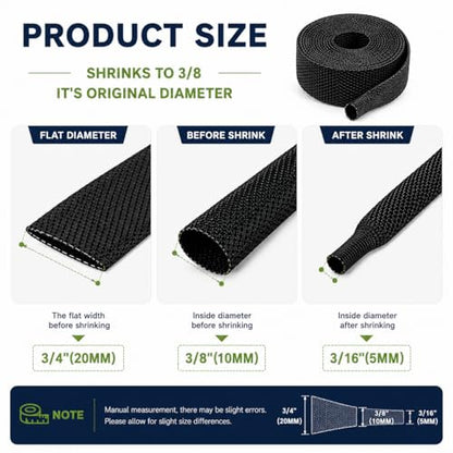 2:1 Heat Shrink Braided Sleeve 3/8 inch 20FT, Automotive Wear-Resistant Fabric Flat Woven Tubing, Flexible Abrasion Protection Sleeving for Wiring Harness, Cable Sheath, Wires & Hoses Protection - size: 10mm-3/8" I.D x 20FT