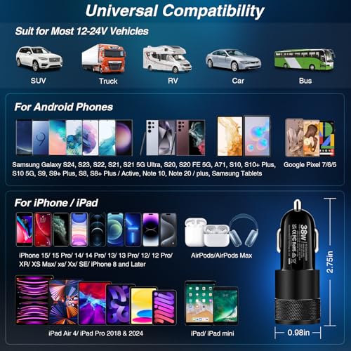Car Charger, 5Pack 38W Dual Ports USB-C+USB-A Cigarette Lighter Adapter - color: 5-Pack Black