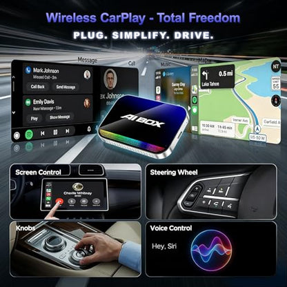 AI Box Wireless CarPlay Adapter,Magic Box with YouTube TikTok, Built-in Play Store and Screen Mirroring, Plug and Play Wireless Adapter for OEM Factory Wired CarPlay Vehicles