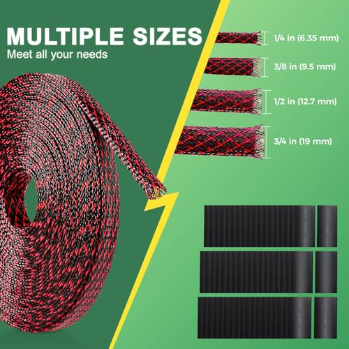 132 ft Expandable Braided Cable Sleeve Wire Loom PET Wire Sleeving，Wrap Management Mesh for Audio Video and Other Home Device Cable Automotive Wire - (1/2 Inch, 1/4 Inch, 3/8 Inch,3/4 Inch, Red) - color: Red