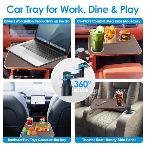 Car Tray& Car Desk for Laptop,Dual 360° Rotating,Anti Slip Leather Surface, Food Tray, Cup Holder Table Compatible with Tesla Model Y/3/S, Ford F150/Explorer/Maverick/Home Theater Seating (Brown) - color: Brown
