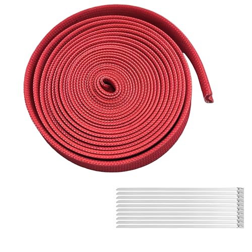 Wire Heat Shield Sleeve Fiberglass Heat Shroud Heat Sleeving Fuel Line 3/8" I.D. X 10Ft With 10 Pcs Stainless Steel Cable Metal Zip Ties for Car & Auto Wire Red - color: Red, size: 3/8'' ID x 10'