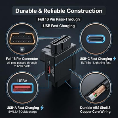 iKKEGOL OBD2 Splitter Adapter, OBD II 16 Pin 1 Male to 2 Female Extension Cable with USB & USB-C Charging Ports, OBD2 Y Splitter 2 Way Dual Converter for Diagnostic Scanner Dash Cam (Bottom Widest) - color: Bottom Widest