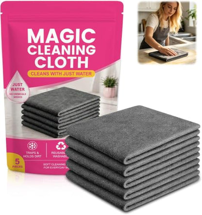 Genie Cloth Magic Cloth, Thick Microfiber, Streak‑Free for Windows & Glass, 5-pack for mirrors, Glass, Window, Kitchen, Stainless Steel, Cars & Screens Lint Free Microfiber Cleaning Cloths