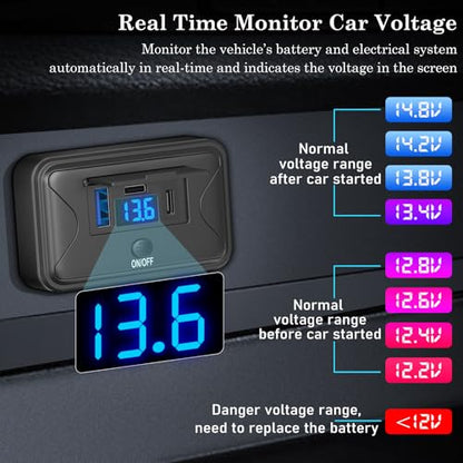 90W 12V USB Outlet Panel Wall Mount, Dual 36W USB C and QC 3.0 18W Car USB Port Charger with Voltmeter Button Switch, Waterproof 3 USB Multi Port Power Outlet DIY 12V Accessories for Car Bus RV -2 PC - size: 2PCS