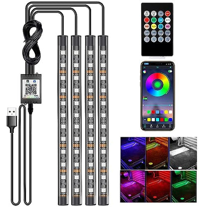 Car LED Strip Lights RGB 5050 4X 12-SMD Bar Colorful Bright Interior Atmosphere Under Dash Footwell Light, 5V USB Plug, Bluetooth APP and Remote Control, Music Sync