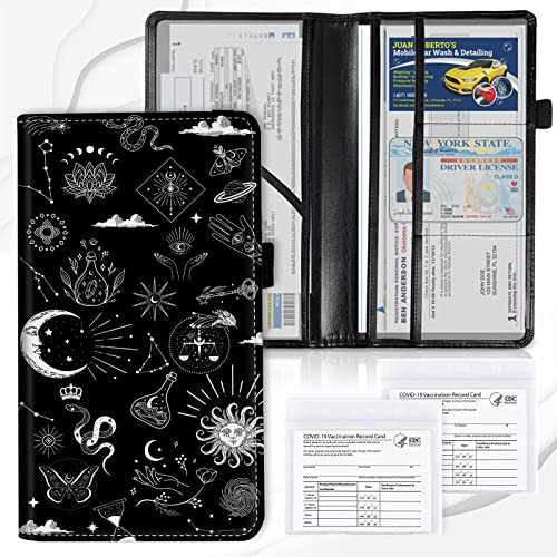 Car Registration and Insurance Card Holder, Premium PU Leather Vehicle Wallet Cover for Glove Box Car Organizer Drivers License / Cards / ID Essentials Document Holder, Astrology Celestial Theme - color: Astrology Celestial Theme