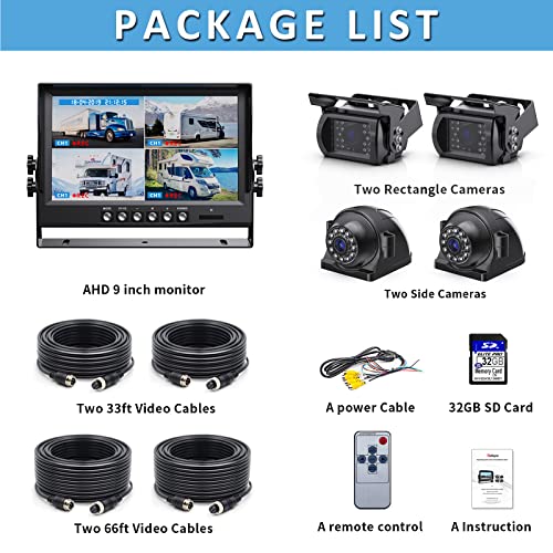 eRapta 1080P Wired Backup Camera System Kit,9" HD DVR Monitor with IP69 Waterproof Reverse/Side View Camera for RV Truck/Semi Box Truck/Trailer A9 - color: Grey