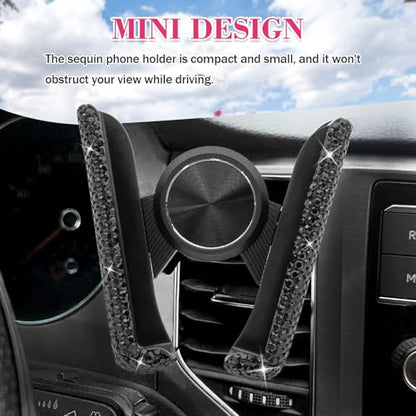 Bling Rhinestone Car Phone Holder, Mini Universal 360° Adjustable Auto Mount For Dash & Air Vent, Crystal Car Accessories For Women & Girls (Black) - color: Black
