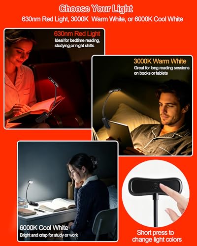630nm Red Book Light for Reading at Night - Zero Blue Light, Dimmable Reading Lights for Books in Bed, LED Book Lamp Clip on, Gift for Students Parents Nurse Studying Travel [1 Pack]