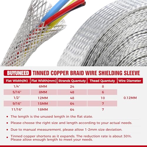 1/2" Wide Tinned Copper Braided Metal Wire Shielding Sleeve Ground Strap Automotive Flat Mesh Flexible Expandable Sheath (12mm ID-38ft) - size: 1/2 in Wide(0.32 in Dia)-38ft