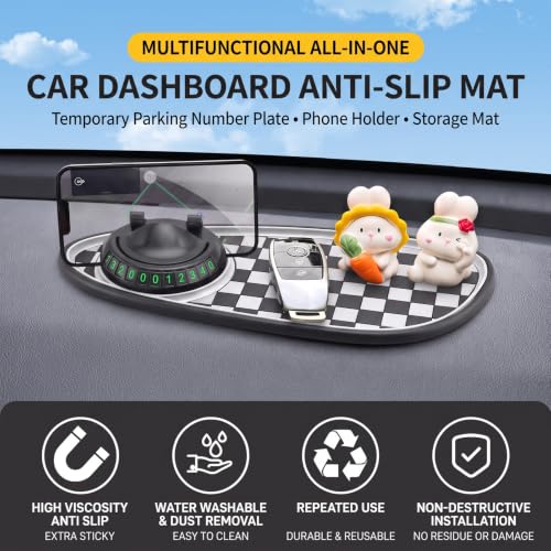 Universal Anti Slip Car Dashboard Mat, Rotatable Phone Holder Dashboard Pad, Non Sticky Temporary Parking Number Mat, Multifunctional Car Storage Pad for Phones Sunglasses Keys and Gadgets