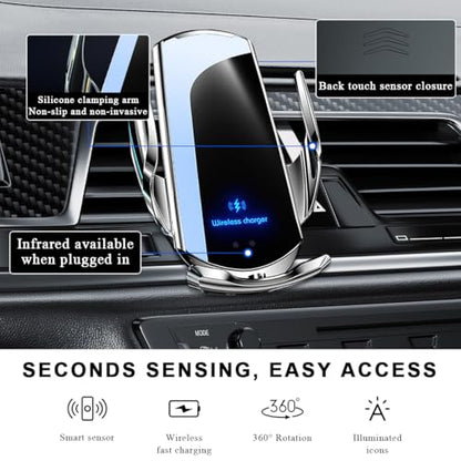 Wireless Car Charger, 15W Fast Charging Air Vent Mount Auto-Clamping Phone Holder, Automotive Electric Induction Charger 360° Rotating Magnetic Vent Mount Bracket for Smartphones (Silver) - color: Silver