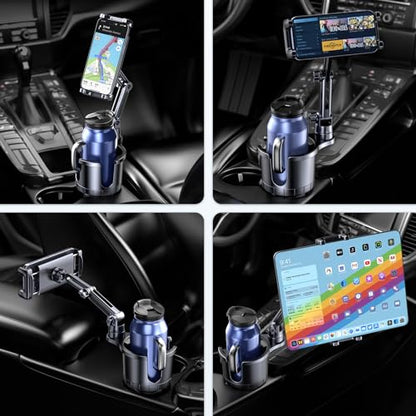 Cup Holder Phone Tablet Mount, 2 in 1 iPad Car Cup Holder with Expander Adjustable Arm for 4.7-10 inches Phone Tablet Mount Compatible for iPad Pro Air Mini, Fire,iPhone 17,Galaxy Phones