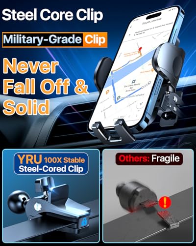YRU [True Upgrade for Safety] Car Phone Holder Mount [Patent & Military-Grade] Dashboard Cell Phone Holder for Car Vent Windshield Phone Stand for iPhone 17 16 15 14 13 Pro Max Truck Samsung (Grey) - color: Grey