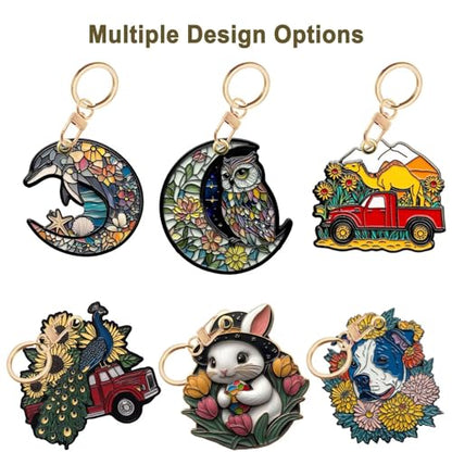 Owl Leather Keychain Case Holder,GPS Tacker With Keychain Ring,Stained Glass Style Access Card Scratch-Resistant,Finders Accessories For Pets, Luggage, Wallet, Backpacks - color: Owl