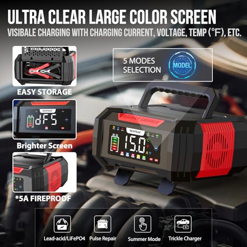 NEXPEAK 15A Battery Charger, Trickle Charger 12V/24V Car Battery Charger 9-Stage Smart LiFePO4 Charger Battery Maintainer w/Overcharge Protection Pulse Repair for Car Truck Motorcycle Lawn Mower