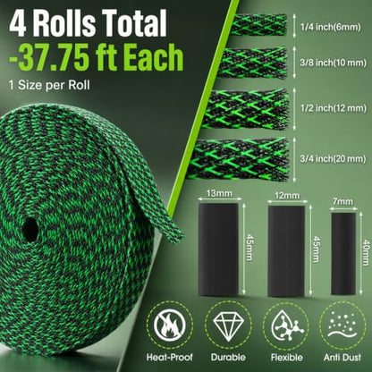 Tatuo 151 ft Braided Cable Sleeve Expandable Wire Sheathing(Green, Black) - color: Green,Black, size: 151 ft