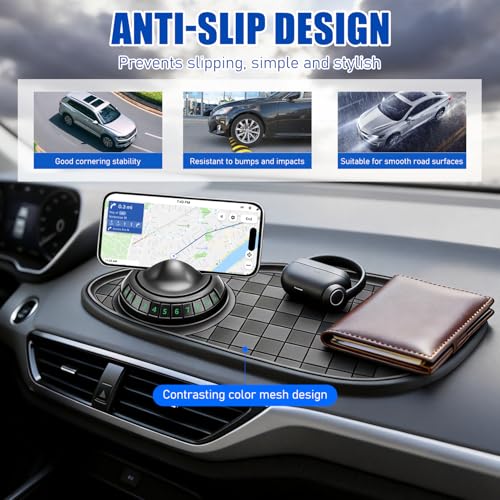 Multifunctional Car Anti Slip Mat with 360° Rotating Phone Holder, Dashboard Organizer for Sunglasses & Keys, Includes Temporary Parking Number Plate - Car Accessories for Women (Black-Gray)