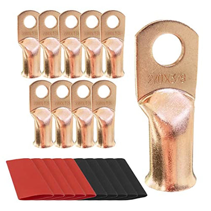 10pcs 2/0 AWG-3/8 Ring Battery Lugs, Copper Lugs, Battery Cable Ends, Tubular Ring Terminals, Crimp Wire Ring Lugs, Battery Terminal Connectors with Heat Shrink Tubing (10, 2/0 Awg - 3/8" (M10) Ring) - size: 2/0 Awg - 3/8" (M10) Ring