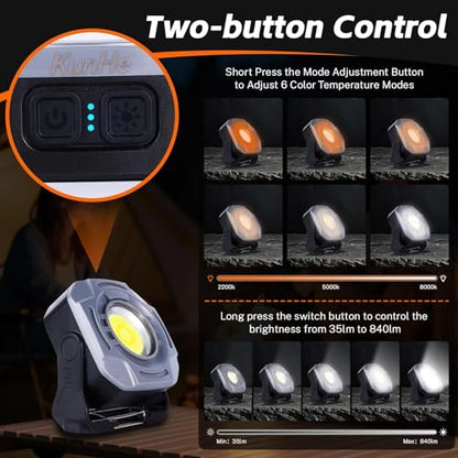 KunHe 3 Pack 4000mAh 840 Lumens Magnetic Rechargeable Work Light Stepless Dimming Magnetic Car Light Mechanic 32 Hours Long Runtime Magnetic Shop Light 330° Rotatable Portable Lamp with Hook