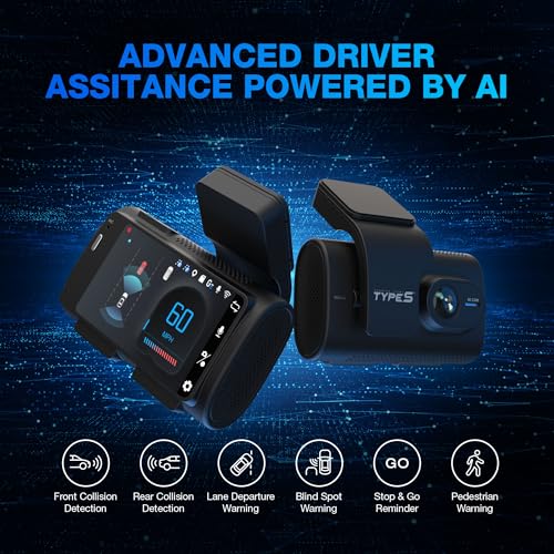 Type S T200 AI Driver Assistance Dash Cam Powered by ADAS, 1440p, Collision Alerts, Lane and Pedestrian Detection, Vehicle Departure Reminders, Front Rear 2 Channel Smart 24/7 Video Surveillance - style: 2K