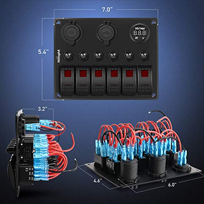 Nilight 6 Gang Rocker Switch Panel On Off with Resettable Circuit Breaker - color: Red, size: 6+3 Gang Dual USB