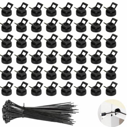Magnetic Zip Tie Mounts 22mm, 50 Pack Cable Tie Mount Bases with 200 Zip Ties, Heavy Duty Cable Clips for Wire Management, Magnet Cord Holder Organizer for Desk, PC, Home Office