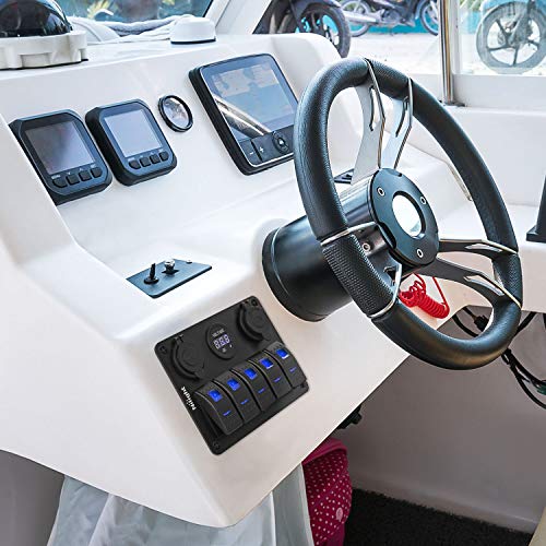 Nilight - 90118H 5 Gang Rocker Switch Panel Pre-Wired Aluminum Switch Panel with Dual USB Cigarette Lighter Socket Voltmeter12V-24V DC Switch Panel with Night Glow Stickers for Cars Rvs Trucks - color: Blue, size: 5+3 Gang Dual USB