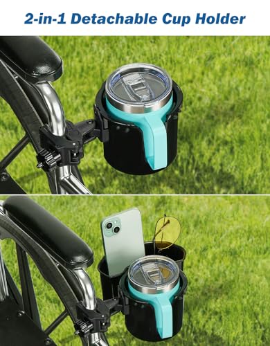 JOYTUTUS Wheelchair Cup Holder 2 Pack, 2-in-1 Walker Cup Holder with 6.4'' Storage Box, Drink Holder for Bottle with Handle, Fit for Wheelchair, Walker, Rollator, Stroller, Camper, Golf cart (Large) - size: Large(2 Pack)