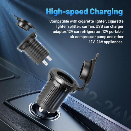 Anina 2pcs Cigarette Lighter Socket DC 12V Power Outlet Socket Replacement with Cover Waterproof Plug with Wire Fuse for Car Marine Motorcycle ATV RV 12V/24Volt Lighter Power