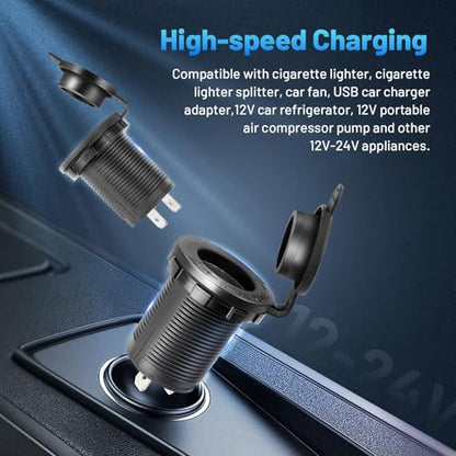 Anina 2pcs Cigarette Lighter Socket DC 12V Power Outlet Socket Replacement with Cover Waterproof Plug with Wire Fuse for Car Marine Motorcycle ATV RV 12V/24Volt Lighter Power