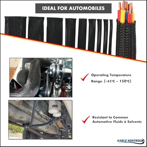 Kable Kontrol Cable Sleeve Expandable Nylon Braided Sleeving - 1/4” Inch – 1000’ Feet – Automotive Wire Loom, Cable Wrap, Cord Protector from Pets, Cable Management - Black - size: 0.25" - 1000' Feet