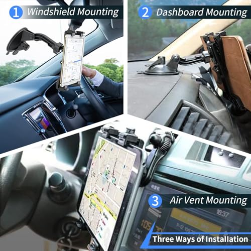 OHLPRO Dashboard Tablet Holder for Car, iPad Car Holder Suction Cup Mount Compatible with 7"-13" Tablets, Truck Windshield Vent with Flexible Arm Clip, Sturdy Adjustable Design, 360° Rotation, Black - size: Dash+Clip 7-13" Mount